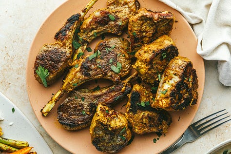 Hibiscus lemonade, citrus soy miso pork tenderloin, roasted carrots and asparagus, shawarma-seasoned lamb chops, BLT deviled eggs, and Bundt pound cake.