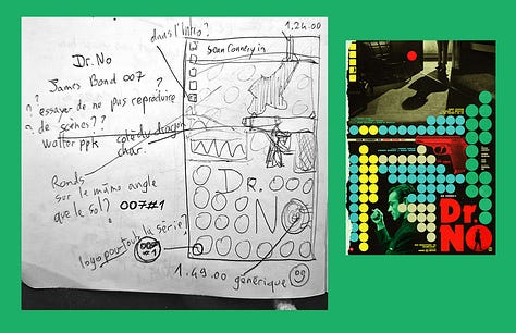 visual references of Gokaiju's sketchbooking process next to the finished pieces. Small messy thumbnail illustrations with arrows pointing to scribbled notes in French.