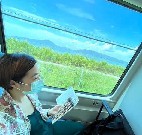 Lovely photos of commuting. My grandma walking with her friend with matching clothes, sunset outside the bus, and gorgeous scenery visible from the Airport Express