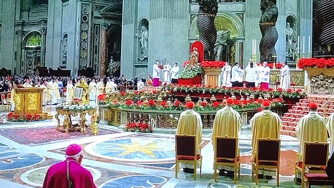 Images of the TV broadcast of Christmas Eve mass from the Vatican: The Pope, attendees, lesser clergy, sculptures, crazy architecture, opulence, vastness, ancient power.