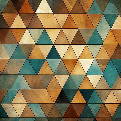 Teal and brown, triangles, blue squares, red dots