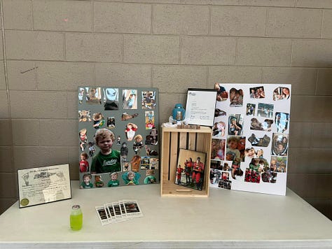Craft table, Memory table with urn, face painting photo featuring Weston's sister.