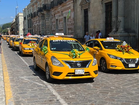 Three photos showing taxis in Oaxaca with flowers on their hoods, and a large effigy of a taxi driver wearing a captain's hat.