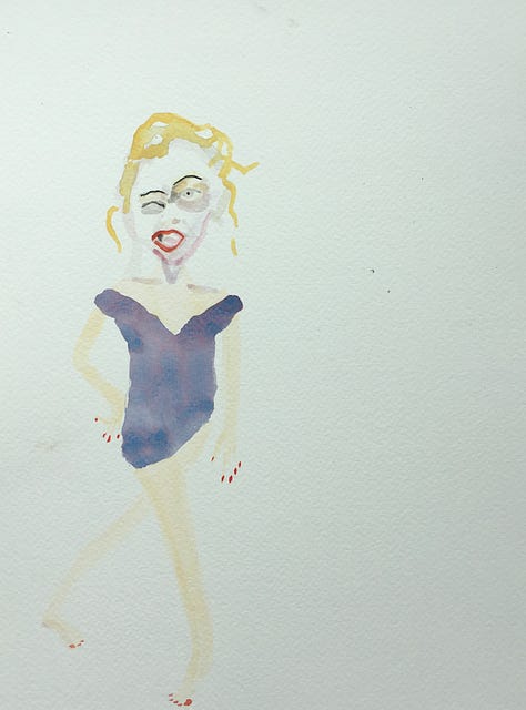 paintings of little women doing things in blue dresses