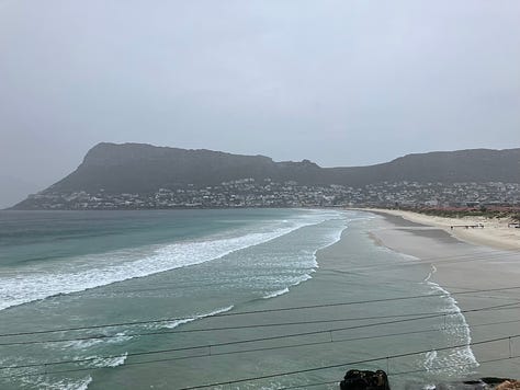 View of the mountains behind a nature reserve, and two images of Fish Hoek beach, with mountain behind