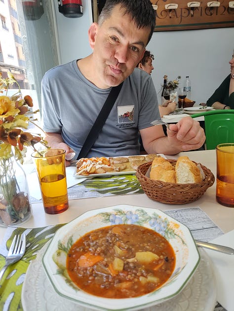Sourdough bread, lentil stew, albondigas meatballs, patatas bravas, the sumptuous dining at Palacio Real