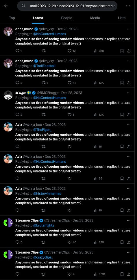 Screenshots of Twitter users repeatedly saying "Anyone else tired of seeing random videos and memes in replies that are completed unrelated to the original tweet?"