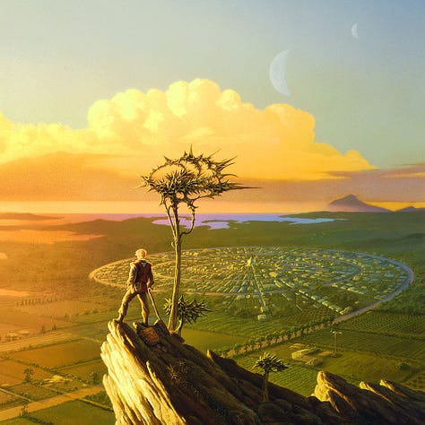 LEFT: Detail from DESTINY'S ROAD featuring aman standing on a rock outcrop overlooking a long road that leads through farmland and into a spiral that winds through a densely populated settlement.  CENTER: Closer detail from DESTINY'S ROAD featuring the figure poised at the mountaintop facing the sunset to the left. A tall tree with bristled top rises in front of billowing clouds. The road ends in a spiral to form a city.  RIGHT: Background detail from DESTINY'S ROAD featuring flying alien creatures soaring over the road as it is surrounded by farm plots.