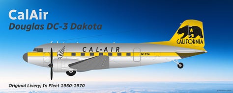 A selection of former CalJet aircraft in pre-current liveries, including 1) Douglas DC-3), 2) Douglas DC-6, 3) Lockheed L-1049 Super Constellation, 4) Boeing 707-320B, 5) Boeing 727-200 Advanced, 6) Douglas DC-9-30, 7) Boeing 757-200, 8) Fokker 70, and 9) Fokker 100 - all shown in side view.