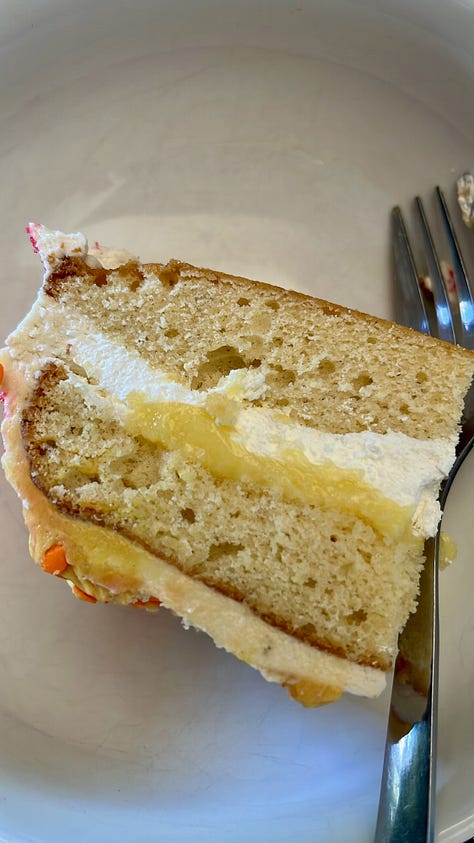 Img 1: Lemon Curd on the stove. Img 2: Close up of lemon curd. Img 3: Close up of cake. Img 4: Buttercream fluff. Img 5: Cake slice. Img 6: Birthday party table with cake and strawberries