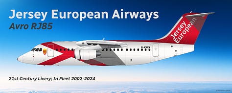 A selection of aircraft from the historic Jersey European fleet: 1) Douglas DC-3, 2) Vickers Viscount, 3) Britten-Norman BN-2B Islander, 4) Fokker F27, 5) Fokker 50, 6) Dornier 228, 7) ATR 42, 8) Avro RJ85, and 9) Viking DHC-6-400 Twin Otter - all shown in side view.