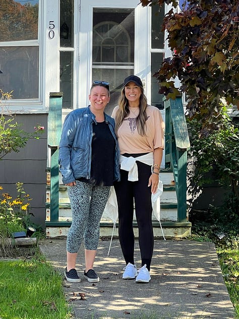 8 images of Jess and her sister Sam. They are standing in front of their childhood home in 2023 and 1990. They are playing on the playground, visiting the library, and posed outside a pizza restaurant.