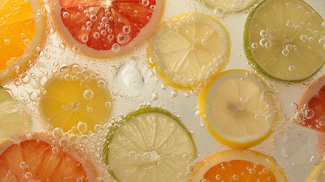  An arrangement of various citrus slices – lemon, lime, orange, and grapefruit – submerged in sparkling water, with bubbles clinging to the fruit, set against a light box for a luminous effect