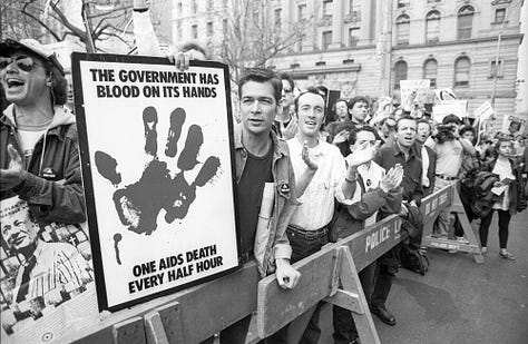 Gallery of six images: top three (black and white) are photographs of protests from the Reagan era, bottom three are photographs of protests/marches in the modern day, showing Americans marching for similar if not the same causes