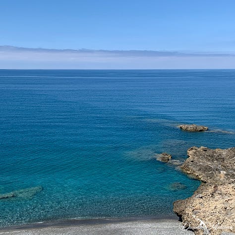 Images of the Mediterranean with its blue nuances. In the middle a white flower with the ocean as backdrop