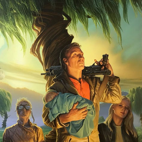 LEFT: Detail from BEOWULF'S CHILDREN featuring a man holding a swaddled baby in one hand while resting a futuristic pump action shot gun on his opposite shoulder. He's flanked by a young woman with blonde hair and a young man wearing futuristic goggles. CENTER: Close detail from BEOWULF'S CHILDREN featuring a young woman with blonde hair and a young man wearing futuristic goggles. A coiled wire extends down to a pack strapped over his shoulder. The background landscape is decidedly alien, a grassland with shallow water winding through it. An alien lizard climbs the bare trunk of a tree. Its mouth opens in a hiss directed at a futuristic blimp floating in the dawn lit sky. RIGHT: Close detail from BEOWULF'S CHILDREN featuring a man holding a swaddled baby in one hand while resting a futuristic pump action shot gun on his opposite shoulder. Beside him stands a young woman with straight blonde hair. She's wearing a black leather jacket and is cocking her head to look past him directly into the camera. 