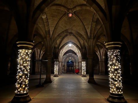 Images from Idols of Mud and Water, from Glasgow University's Cloisters, and from the railway journey