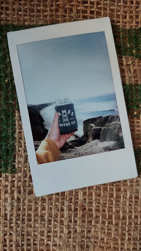 A collage of instant photographs of coffee mugs or a bald, bearded, white man drinking coffee