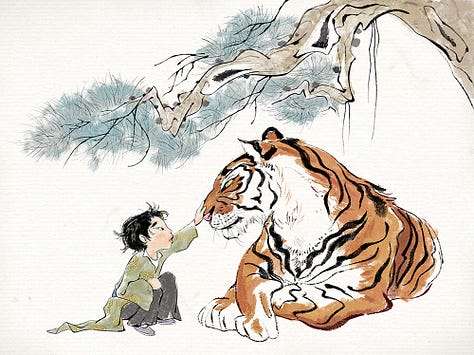 Images of people in creative settings, with Asian characters of family and a tiger