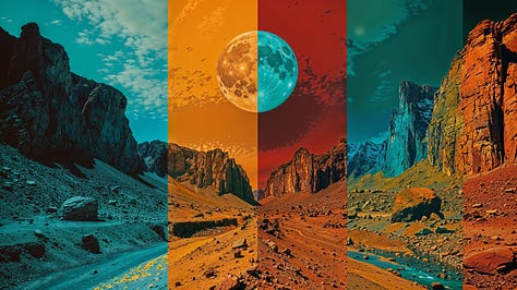 A planet or moon, hovers over a rocky, mountainous terrain with a desert and a river. The image is divided into four quadrants of orange, yellow, blue, and green.