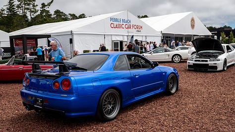 Photos of Japanese sports cars such as the Lexus LFA, Acura NSX and Nissan Skyline GT-R shown on the lawn of the Pebble Beach Classic Car Forum during Car Week 2024.