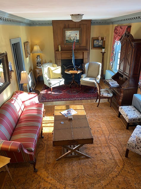 stained glass, breakfast quiche, comfy chairs, quaint bedrooms, nice seating area