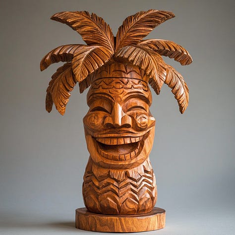 Tiki carving of a gnome, palm tree, and spaceship in Midjourney