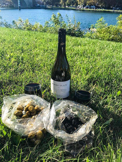 picnic near Rhône River with wine and olives