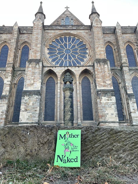 Six photos featuring the bright green paperback of Mother Naked in front of Durham Cathedral.