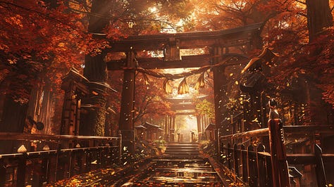 A courtyard with leaves falling, inside a space shuttle and a cybernetic samurai