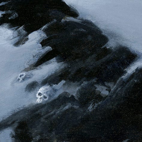 LEFT: Detail from ELRIC AND THE COLD DRAKE featuring Elric standing on a snow covered hill with an enormous white dragon. Its serpentine neck is coiled in an "S" as its jaw part in a hiss to reveal its long slender tongue. CENTER: Close detail from ELRIC AND THE COLD DRAKE featuring skulls half buried in snow from the foreground of the painting. RIGHT: Close detail from ELRIC AND THE COLD DRAKE featuring a tighter view of Elric with windswept hair. He is dressed in black with silver accents. He grasps Stormbringer in its sheather slung  slung at waist heigh behind his back.