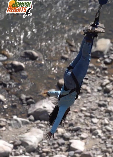 Jumping off a bungy, photos of the author in mid-air. 