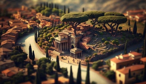 Midjourney prompt: all roads lead to rome during roman empire era tilt-shift photography