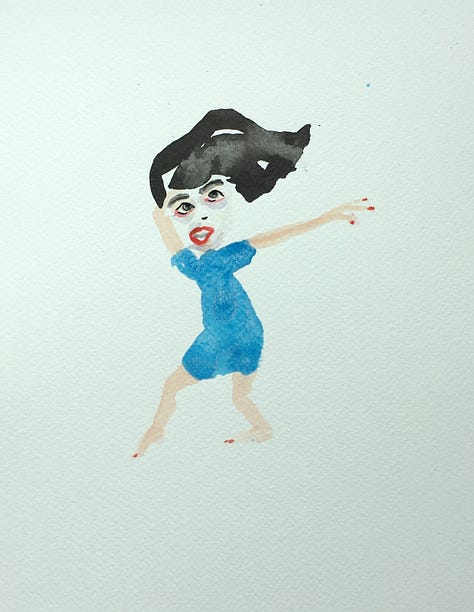 paintings of little women doing things in blue dresses