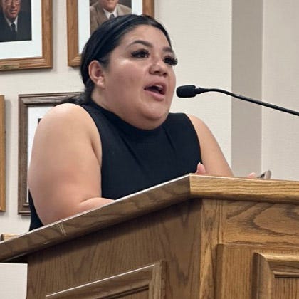 Andrew Fulbright, Joseph Carder, Alice Lawson, April Ramirez, Veno Nathraj and Sandy Smith address the Twentynine Palms City Council during public comment on August 8, 2023  