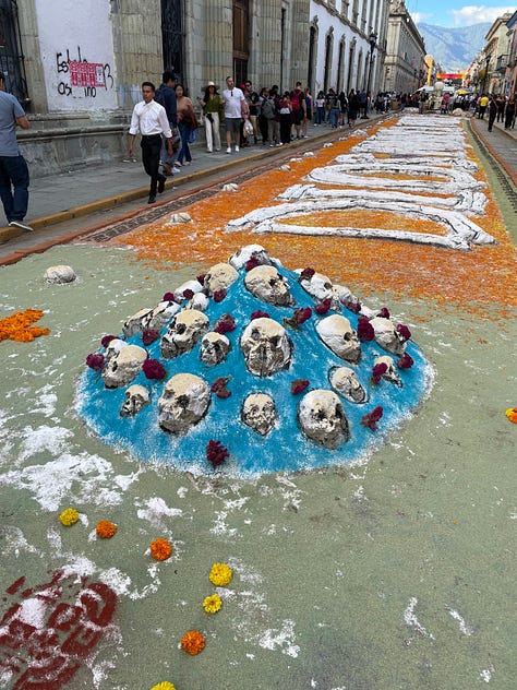 A nine image collage showing elaborate Día de Muertos decorations in the city.