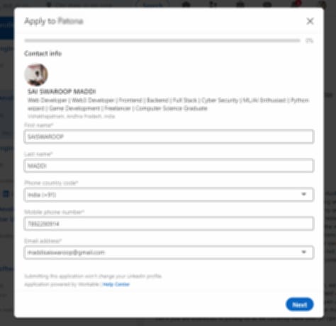 LinkedIn Application form in a Modal
