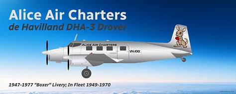 A selection of former fleet aircraft: 1) Alice Air Charters Douglas DC-4 (1947-1998), 2) Alice Air Charters Douglas DC-3, 3) Alice Air Charters de Havilland DHA-3 Drover (1950-1970), 4) Alice Air Charters de Havilland DHC-3 Otter, 5) Air NT Beechcraft King Air 250 Combi (1977-1998); 6) Air NT Beechcraft King Air 250 Standard (1977-1998), and 7) Air NT Dornier 328-120 Combi - all shown in side view.