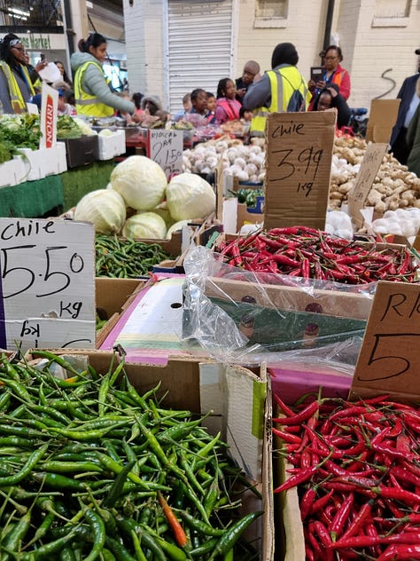 Queens Market fruit and vegetable stalls, East London