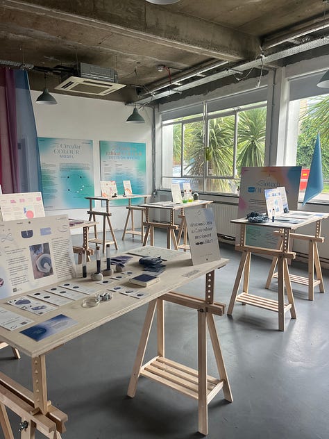Main exhibition space at Switchboard Studios showing the "colour tables". In shot are 'blues', 'pinks' and 'greens'.