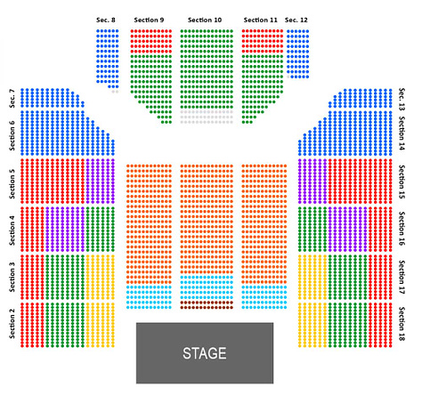 Seating chart from left to right: full spectrum color-coded, color coded without red (Protanopia), greyscale (Achromatopsia)