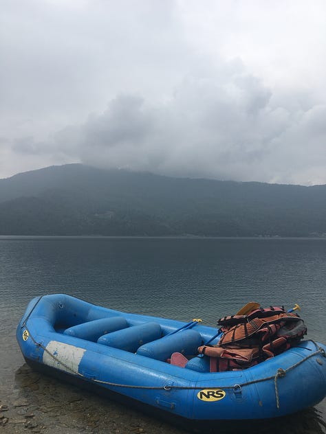 various cities, buildings, hills, lakes with boats, wild rivers, a stupa, the countryside, and the "view" of the Annapurna mountain range