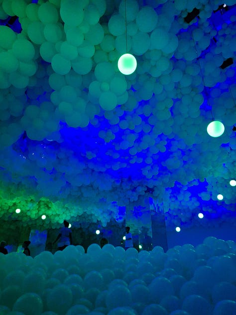 Three images from the balloon museum featuring dancing balloons and the giant ball pit.