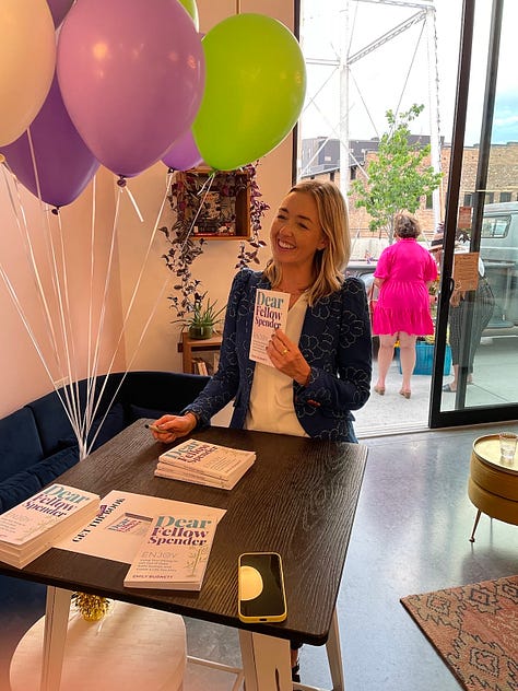 Author holding copies of her book in 3 settings.