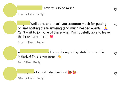 Several screenshots of positive comments on Breathe Easy London and QueerSwap's COVID Safer Hour