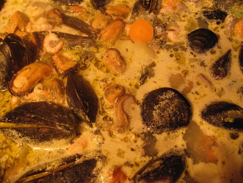 view from the cottage, seafood stew, mussel close-up