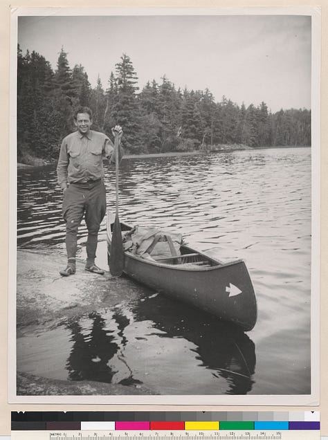 Black and white photos of Bob Marshall working in the wilderness during the 1930s