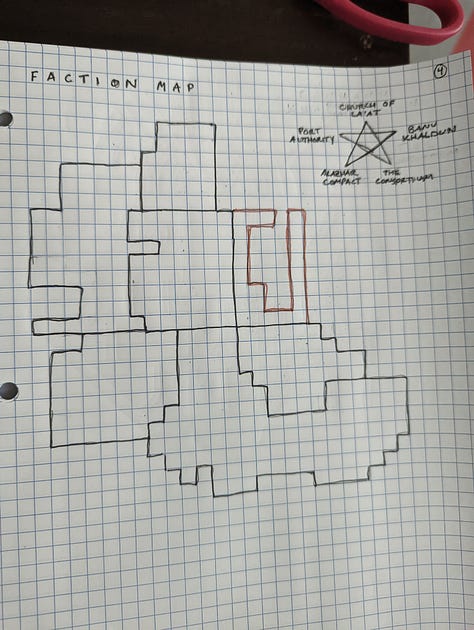 City maps of my fantasy metropolis Talzur, starting very complex and dense, then changing them to be simpler in shape to map out the faction HQs.