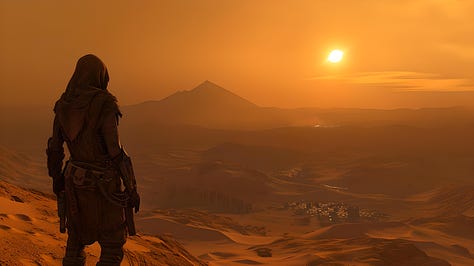 Desert nomad facing a sandstorm maelstrom, sun-bleached bones, sands of time, oasis mirage, ancient scars, stark survival essence