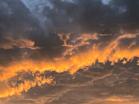 A gallery of 9 images that follow the development of golden light and intense orange and pink colours on beautiful cloud formations after the sun has set one day before the summer solstice in Scotland